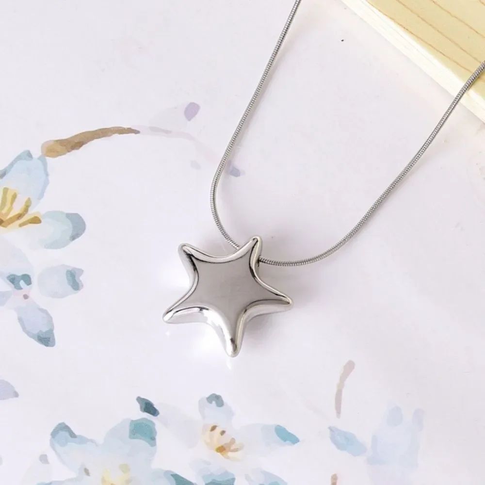 Cute Silver-Plated Gift  Chunky Puffy Star Power Pendant Necklace Unisex